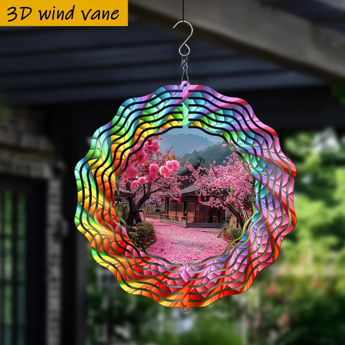 3D 1pc "Colorful Spiral Frame Surrounds a Scenic Pink Blossom House" , 360° DIY Metal Material Double-sided Rotating Wind Chime