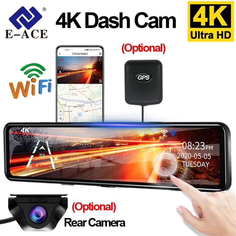 4K Rearview Mirror Driving Recorder Night Vision HD Loop Record Dash Cam Rear Camera Optional Rear Picture DVR for Car