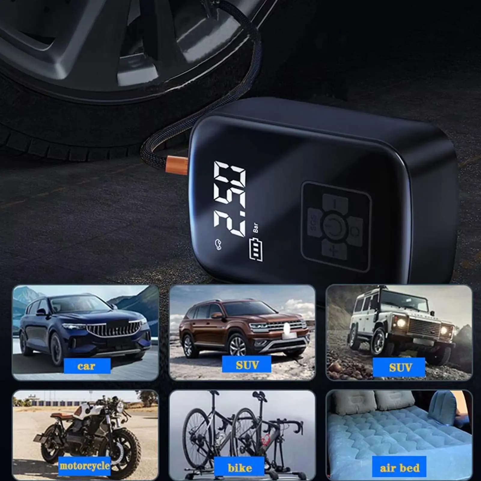 Compressore d'aria portatile senza fili per auto, bici e scooter con luci LED e manometro integrato