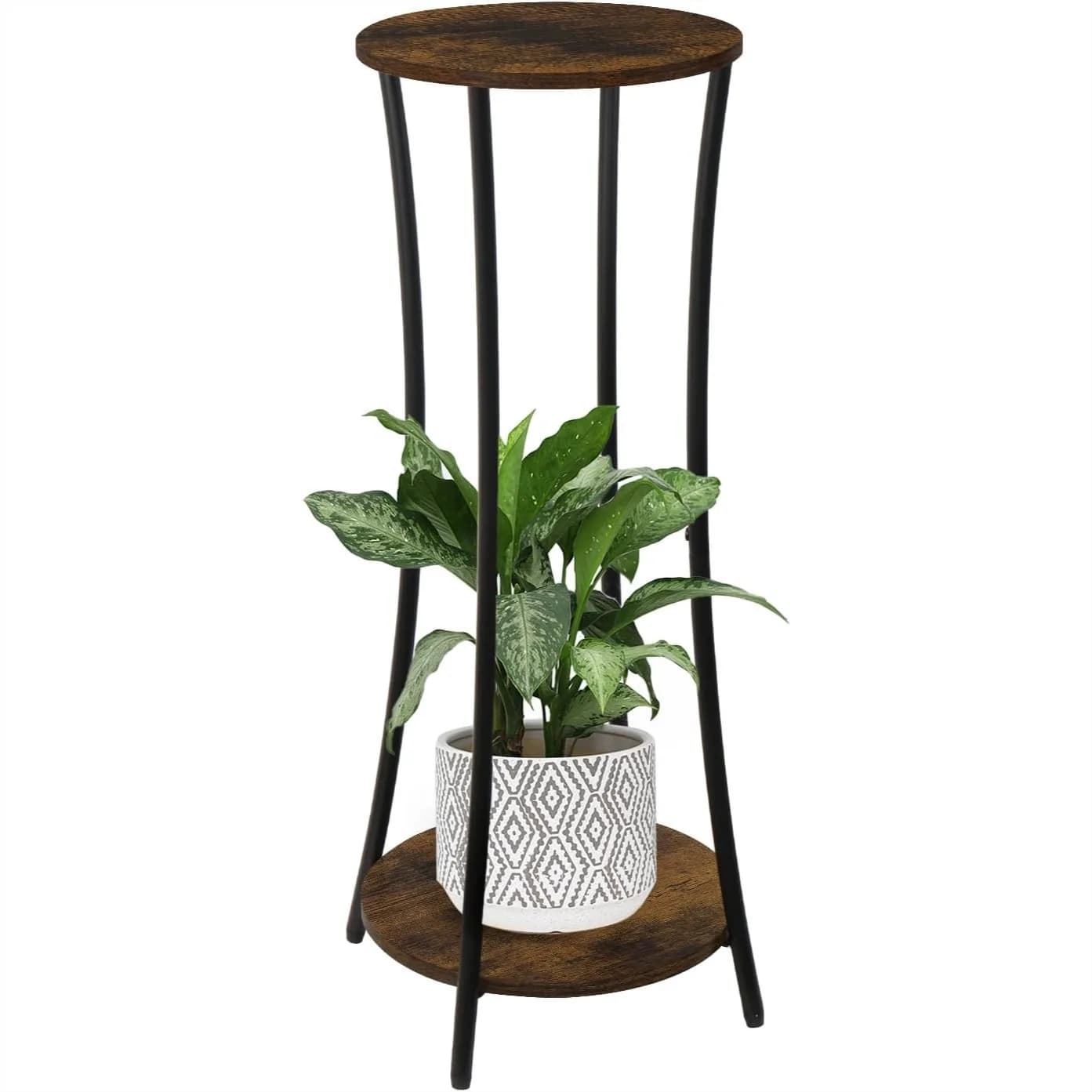 Supporto per Piante a 2 Livelli Rotondo per Uso Interno ed Esterno, Robusto Portavasi con Finitura Marrone, Perfetto Scaffale Angolare per Balcone