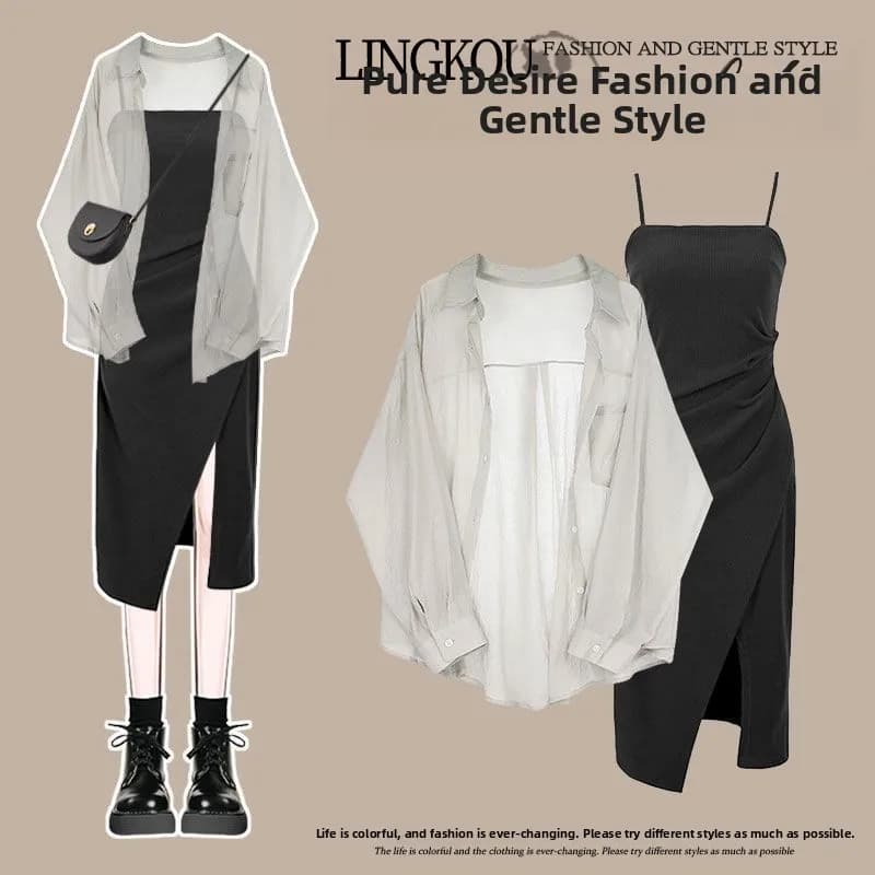 Set Estivo Serie Salt: Nuovo Stile Donna, Camicia Protettiva Solare ad Alta Protezione e Abito con Spalline, Set Due Pezzi Sexy ed Elegante