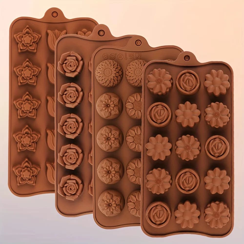4 stampi per caramelle al cioccolato a forma di fiore in silicone, stampi per gelatina antiaderenti per alimenti, stampi per pastelli, stampi in silicone per cottura, senza BPA, inclusi forme di fiore, cuore, tulipano, rosa