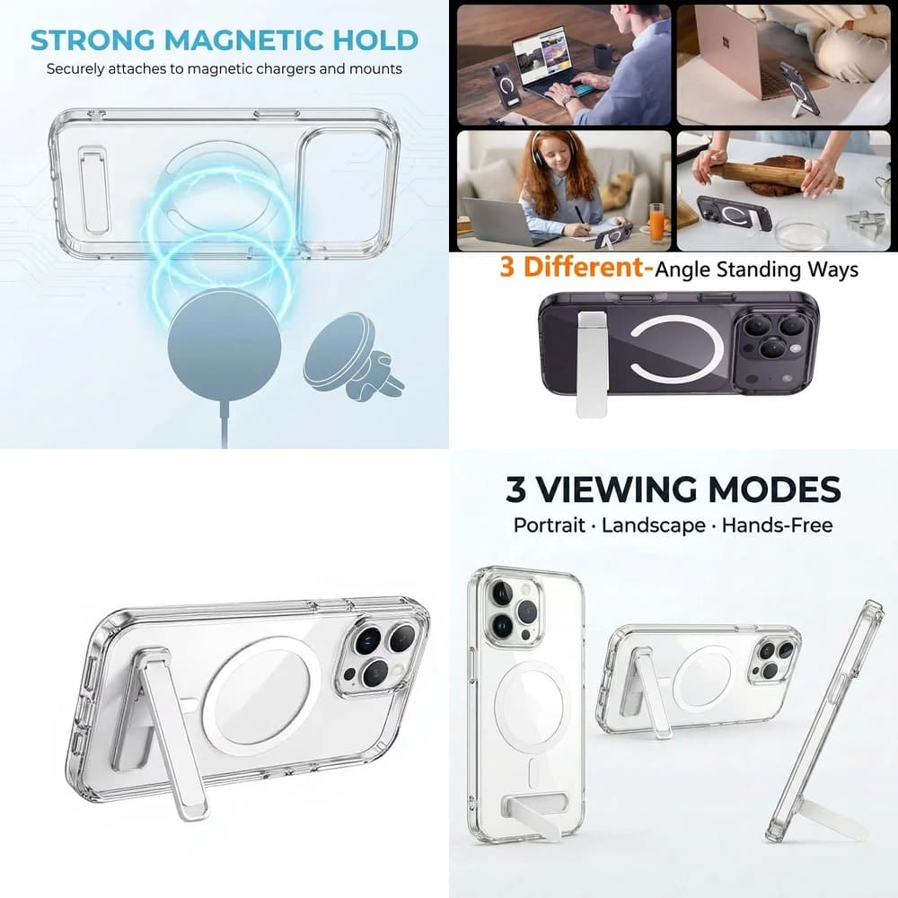 Exclusive Clear Magnetic Back Cover with Holder Stand Anti-Fingerprint for iPhone 17 Pro Max 16 15 Plus 14 13 12 mini 11