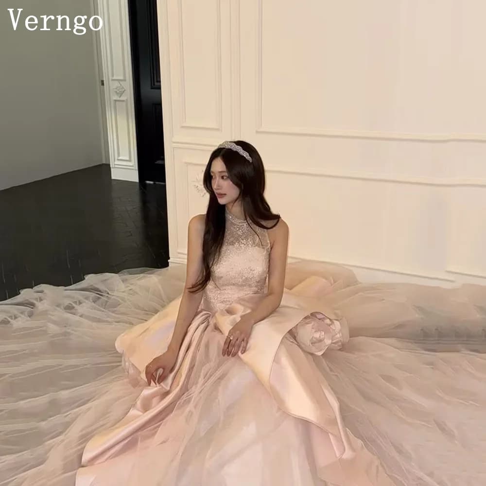 Verngo Ball dress in pink princess style tulle with American neckline and sequins, line to A, Korean evening dress, dress for graduation 2026 customizable
