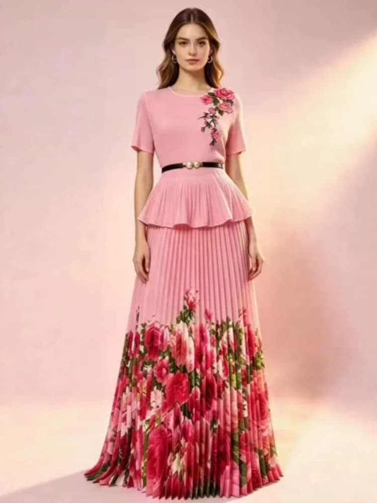 EGRM Pleated Print Women's Two Pieces Set Fashion short sleeve Belt slimming Top And Elastic High Waist Skirt Sets 2026 New 7G11