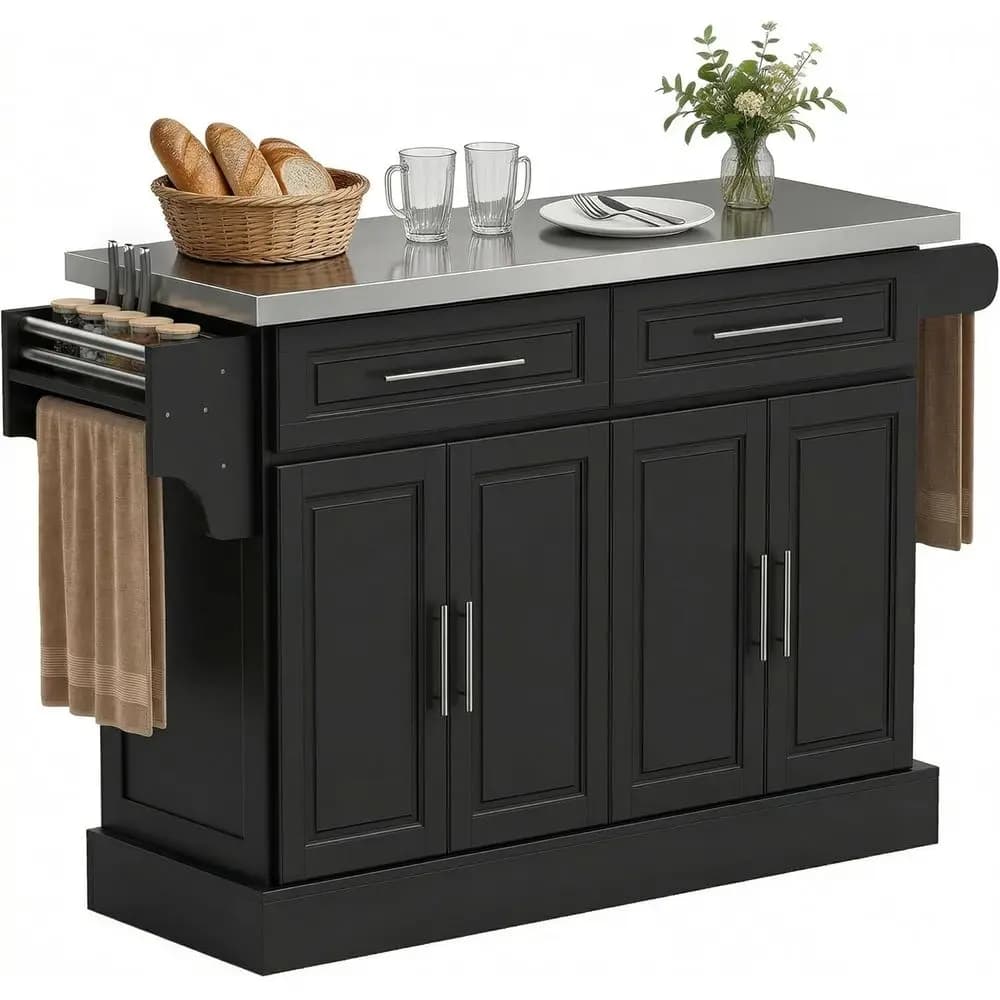 Carrello da Cucina Portatile con Piano in Acciaio Inox 47, Ripiani Regolabili, 2 Cassetti, Porta Spezie e Portasciugamani, Nero