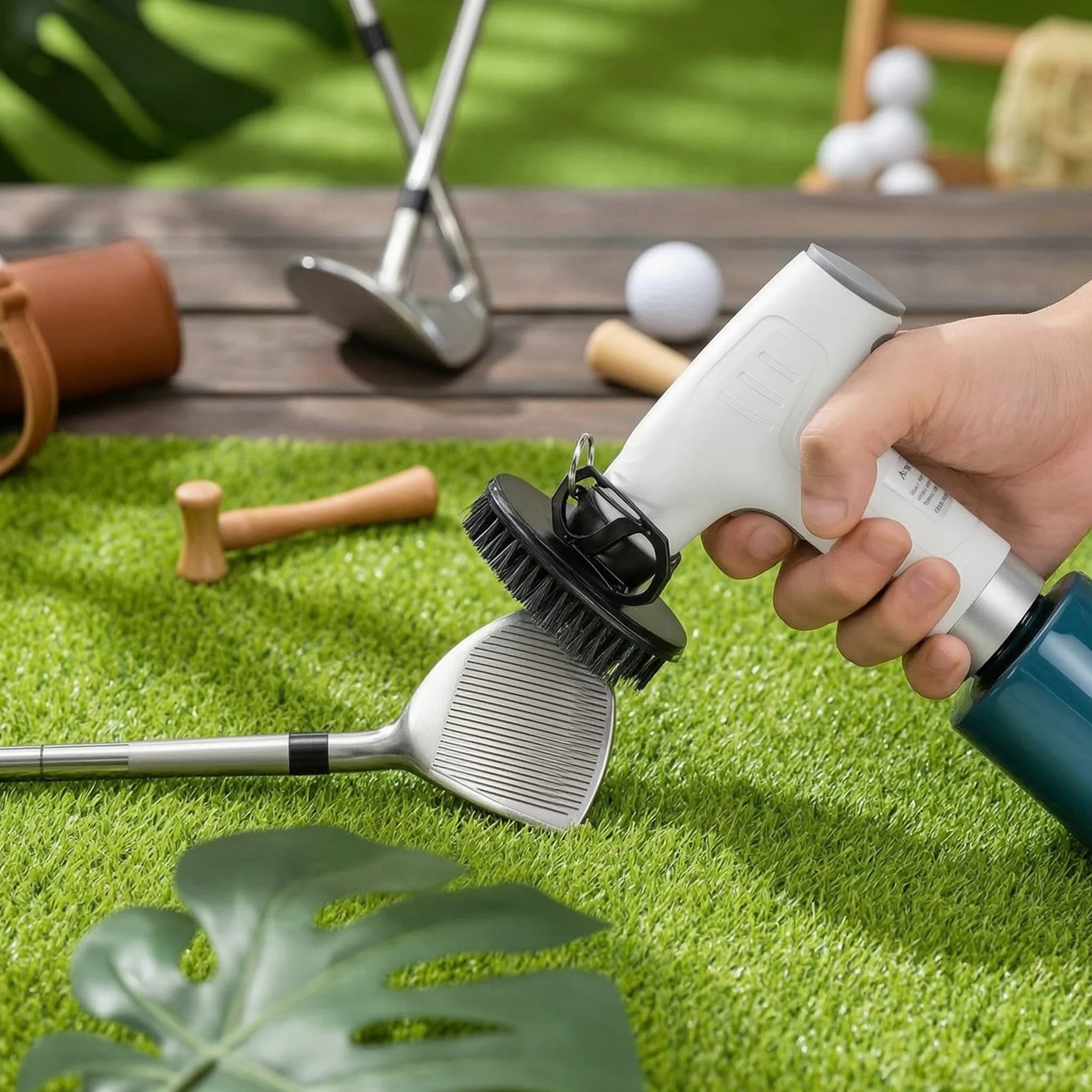 Spazzola per la pulizia delle mazze da golf con spray d'acqua, impugnatura a pistola, setole per la pulizia delle mazze da golf