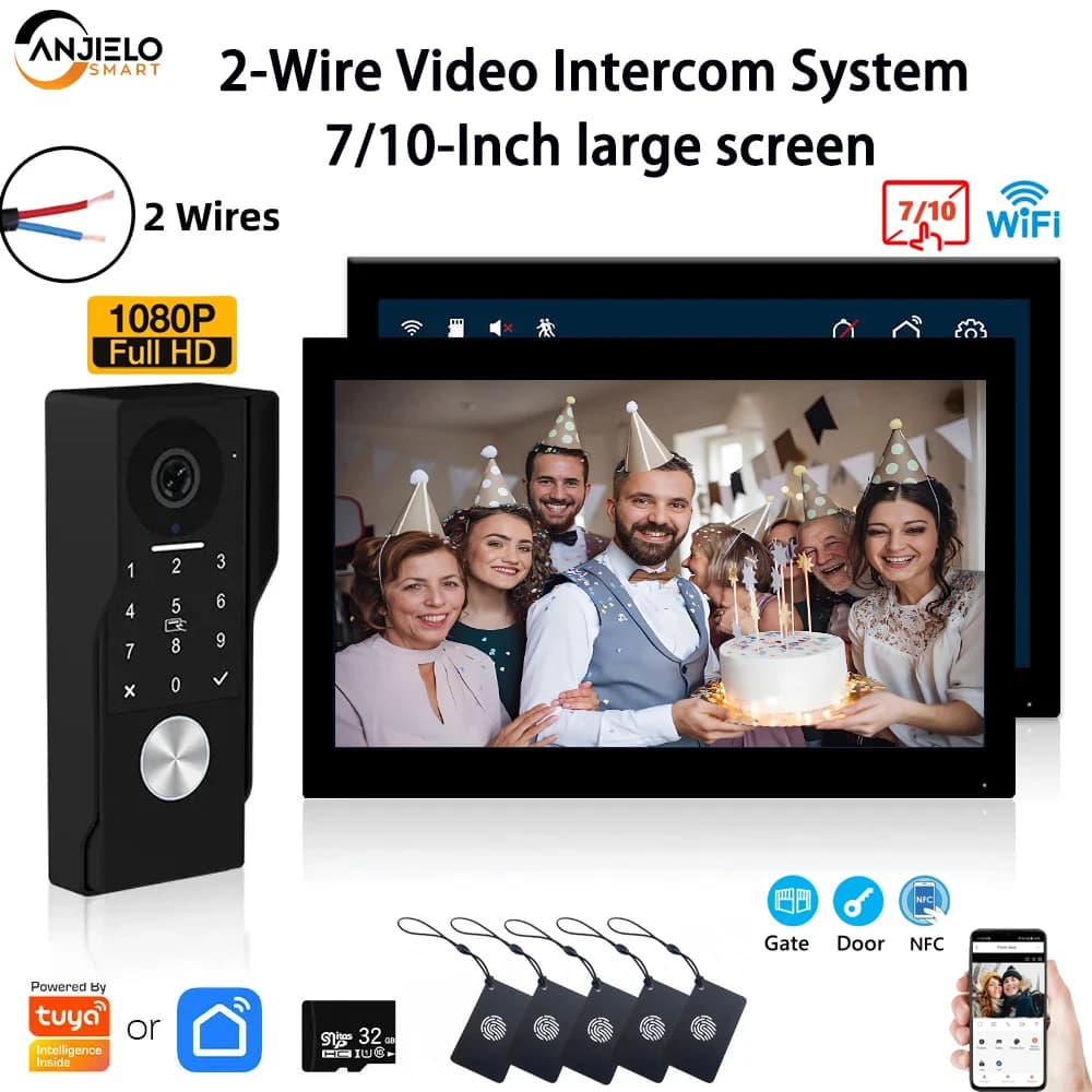 ANJIELO1080P TUYA App Videocitofono a 2 fili con scheda IC PIN Sblocco 24 telecamere IP Supporto Sistema di videocitofono intelligente per la casa