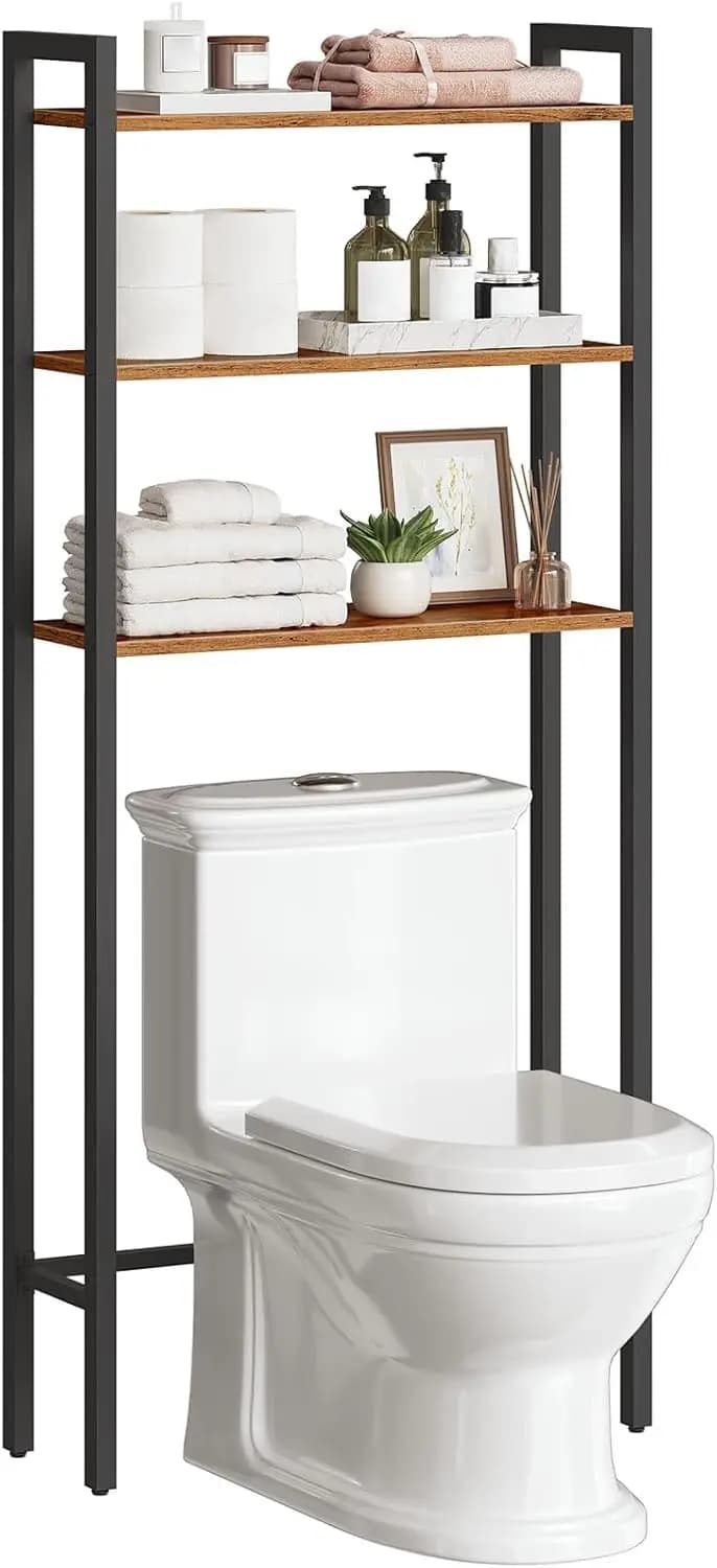 Scaffale portaoggetti a 3 livelli sopra il WC, salvaspazio per organizer da bagno indipendente, facile montaggio marrone rustico nero