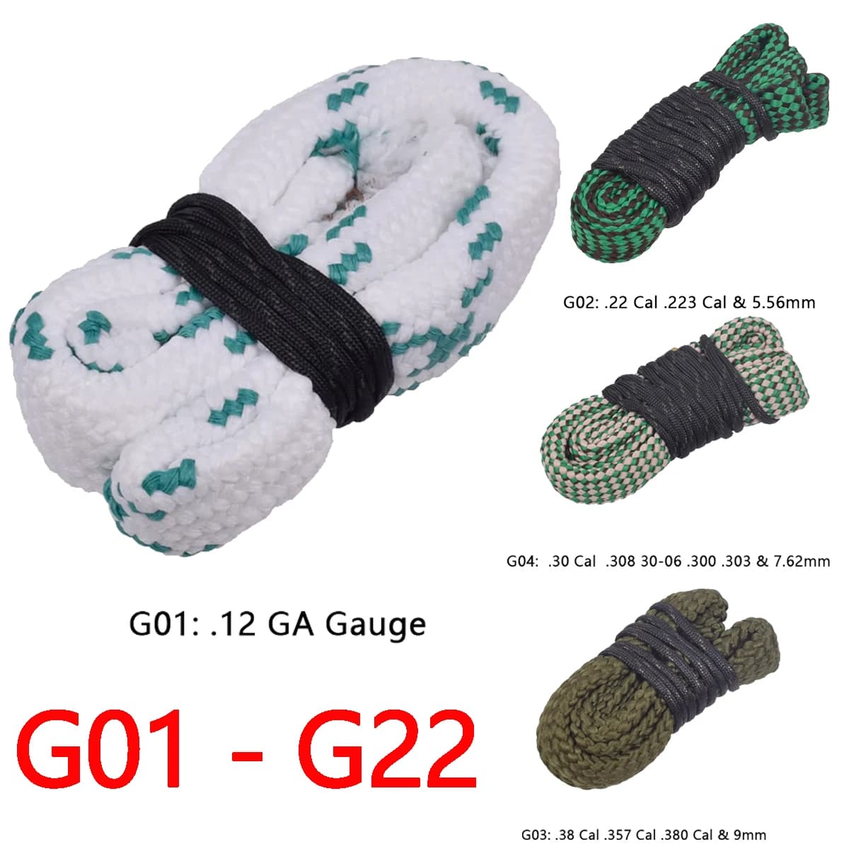 Kit di pulizia tattica per pistola Tappetino Pulitore per fori Fucile Barile Calibro Corda 22LR 9x19mm 12GA 20GA.22.223.308 7.62x39 5.45x39 Ruger