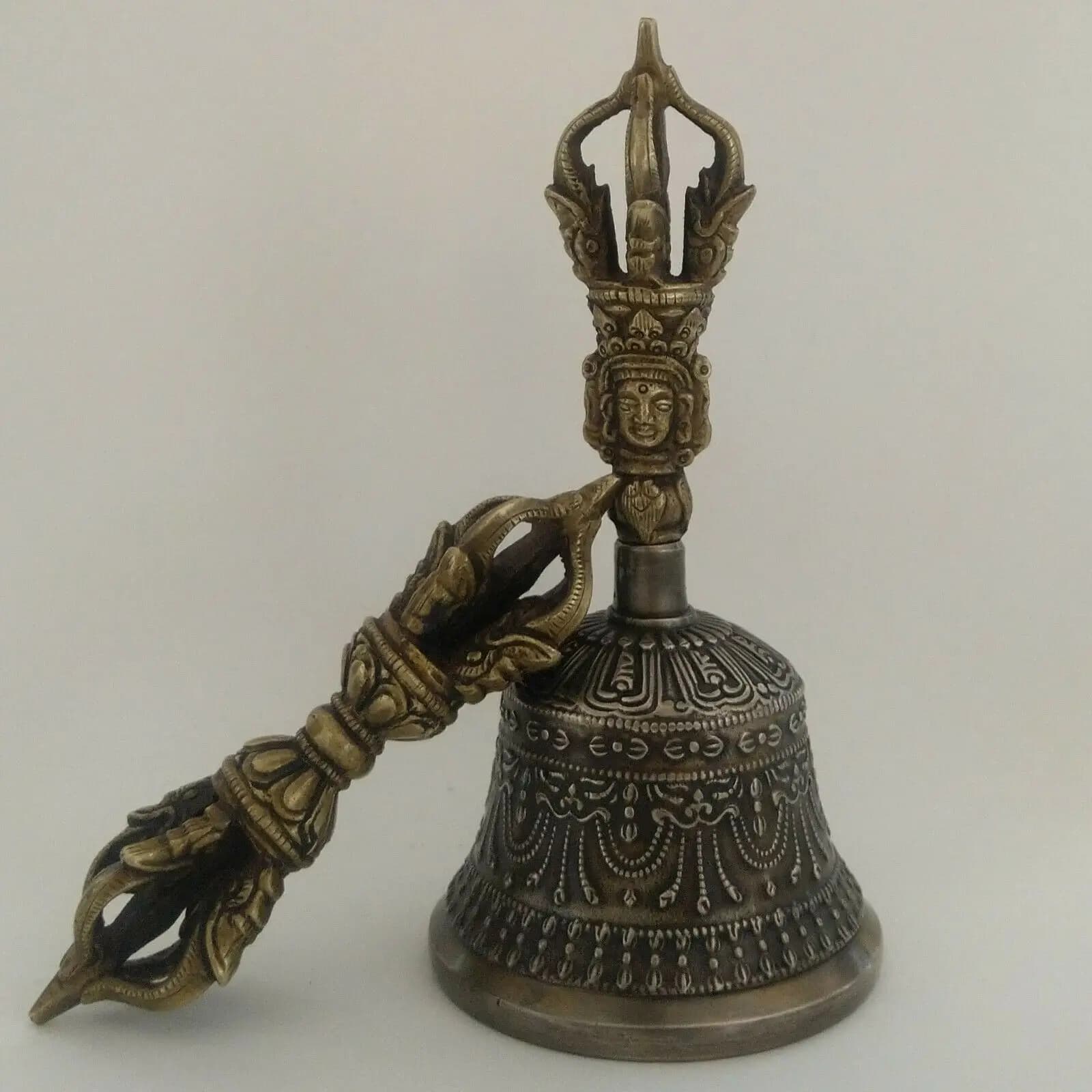 Tibetan Buddhist 5 Pronged Bronze Bell 7.5" and Vajra/Dorje (Medium) - Nepal