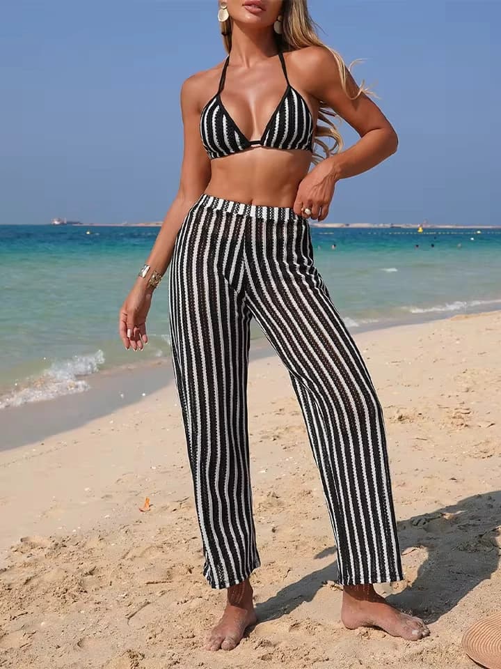 Vzvn Sexy Stripe Laced Up Backless Bikini Women Split Swimsuit Beach Bikini 2026 New All Season Bikinis Trousers 3 Piece Set