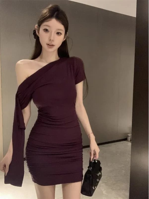Abito Estivo da Donna Stile Coreano, Vestito Aderente a Maniche Corte con Spalle Scoperte, Vita Alta e Spacco Laterale