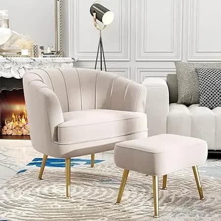 # Per sedia d'accento con pouf, divano singolo moderno imbottito, comoda poltrona da soggiorno Barrel Club con gambe in metallo dorato e