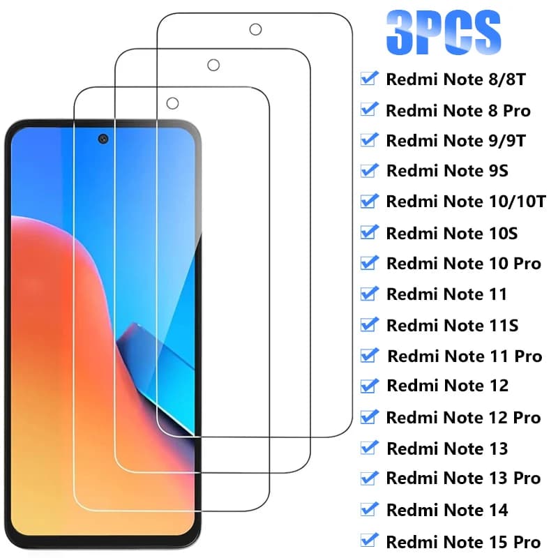 3PCS Vetro temperato per Xiaomi Redmi Note 8 9 10 11 Pro 11S 10S 9S 10T Protezione dello schermo per Redmi Note 12 13 14 15 Pro 5G Glass