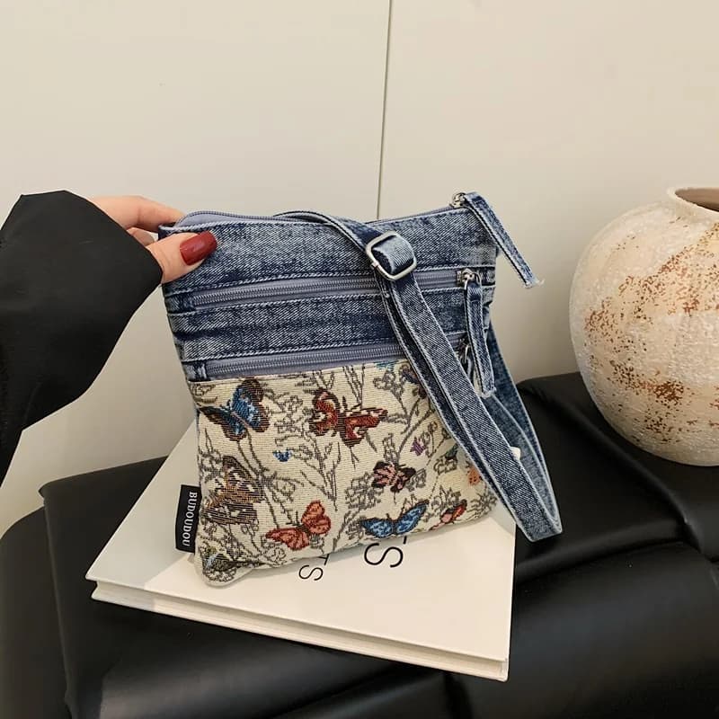 Denim Crossbody Bag with Floral Decoration Women Embroidered Flower Phone Wallet Casual Sweet Garden Style Everyday Purse
