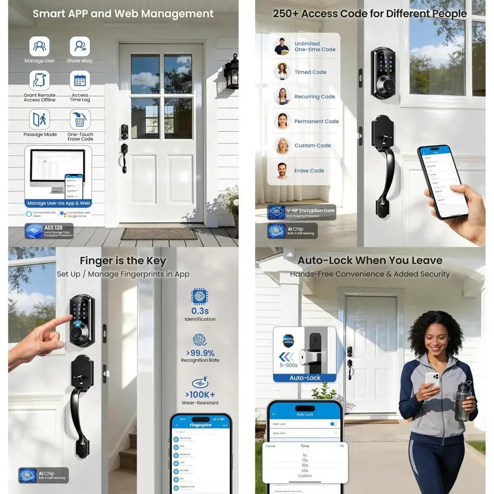 Serratura Intelligente con Maniglia, Controllo App, Ingresso con Tastierino, Touchscreen Digitale, Facile Installazione, Chiusura Automatica, Nero Opaco