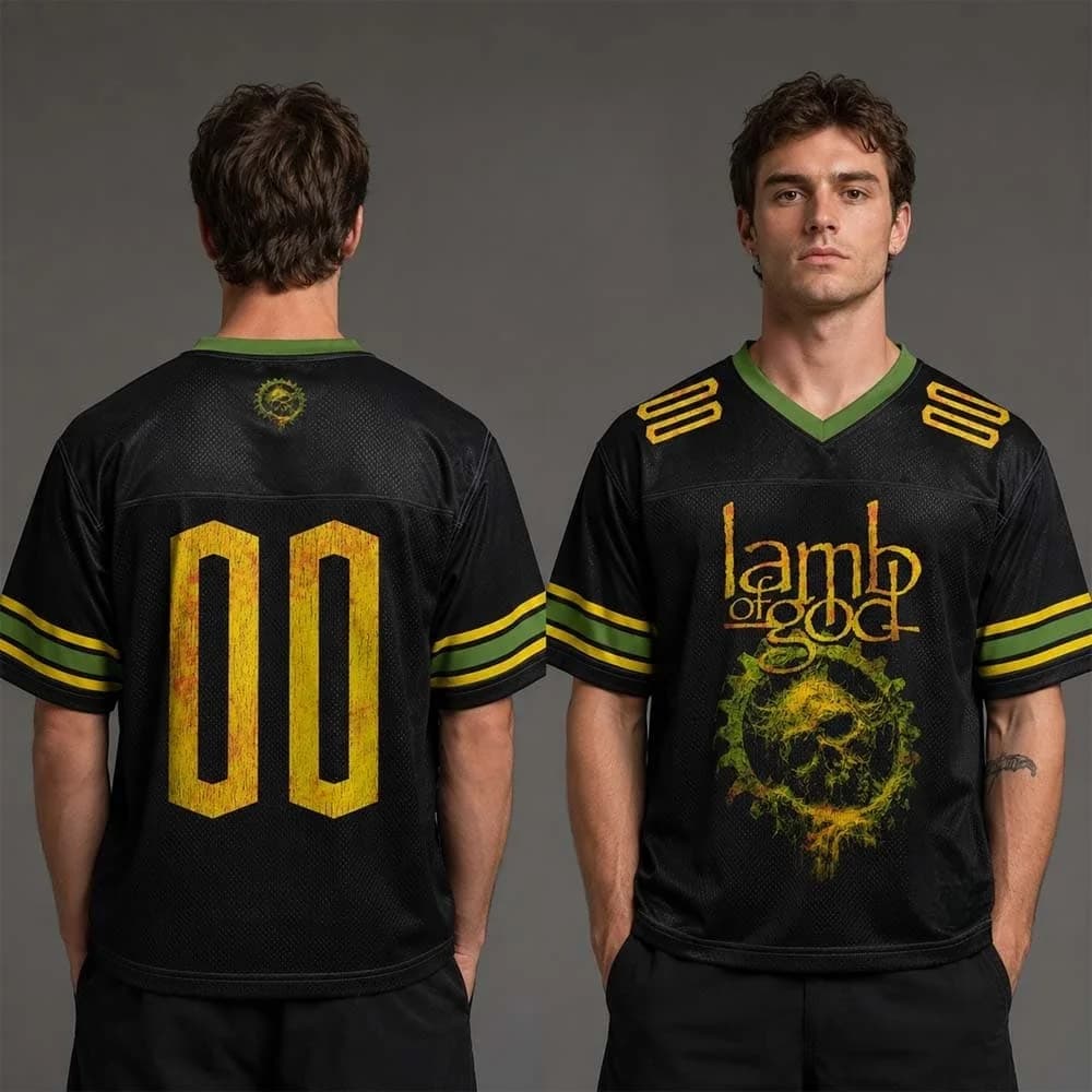 Men Lamb of God Death Metal Band Football Jersey Black Mesh V-neck Sleeve Skull Gear Print Short Sleeve Rock Fan Sports Tee