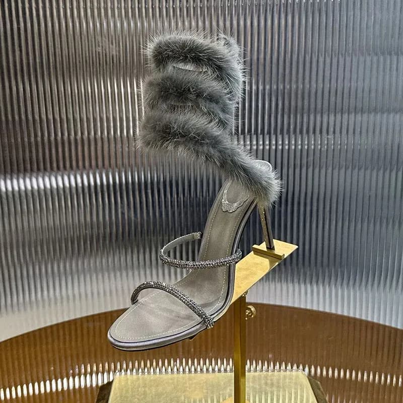 Sandals Women Fur Decor Snake Shaped Elastic Strap Sandalias Rhinestone Decor Thin Heels Wedding Shoes Summer Dress Shoes Pumps