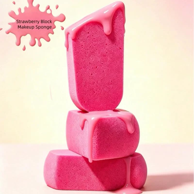 High Density Strawberry Block Slant Makeup Sponge, Soft Flawless Beauty Blender for Liquid Foundation & Cream, Tight Fit No Abso