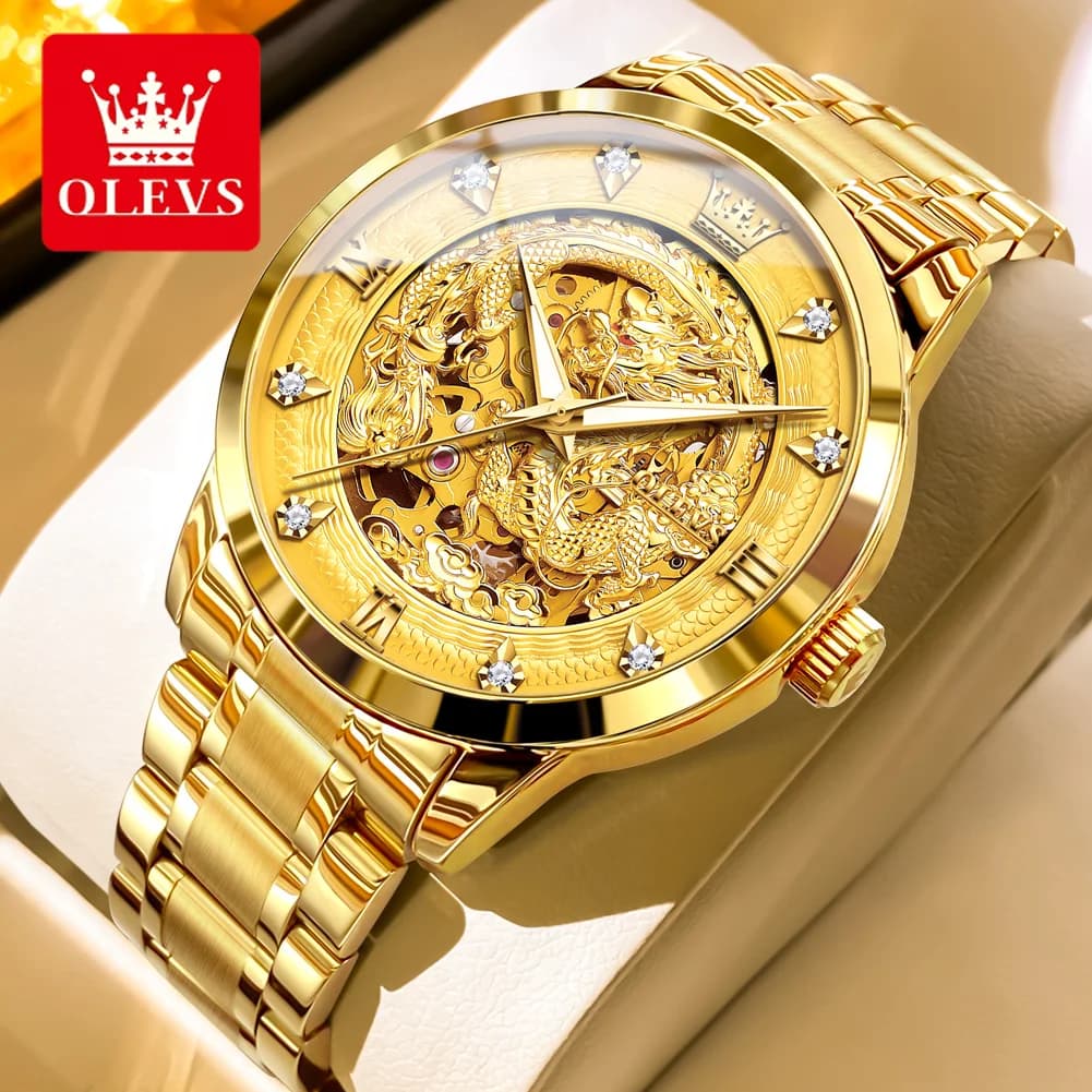 OLEVS Orologio automatico da uomo con quadrante drago in acciaio dorato Orologio da uomo meccanico Miyota impermeabile in acciaio pieno Top Brand di lusso Relogio