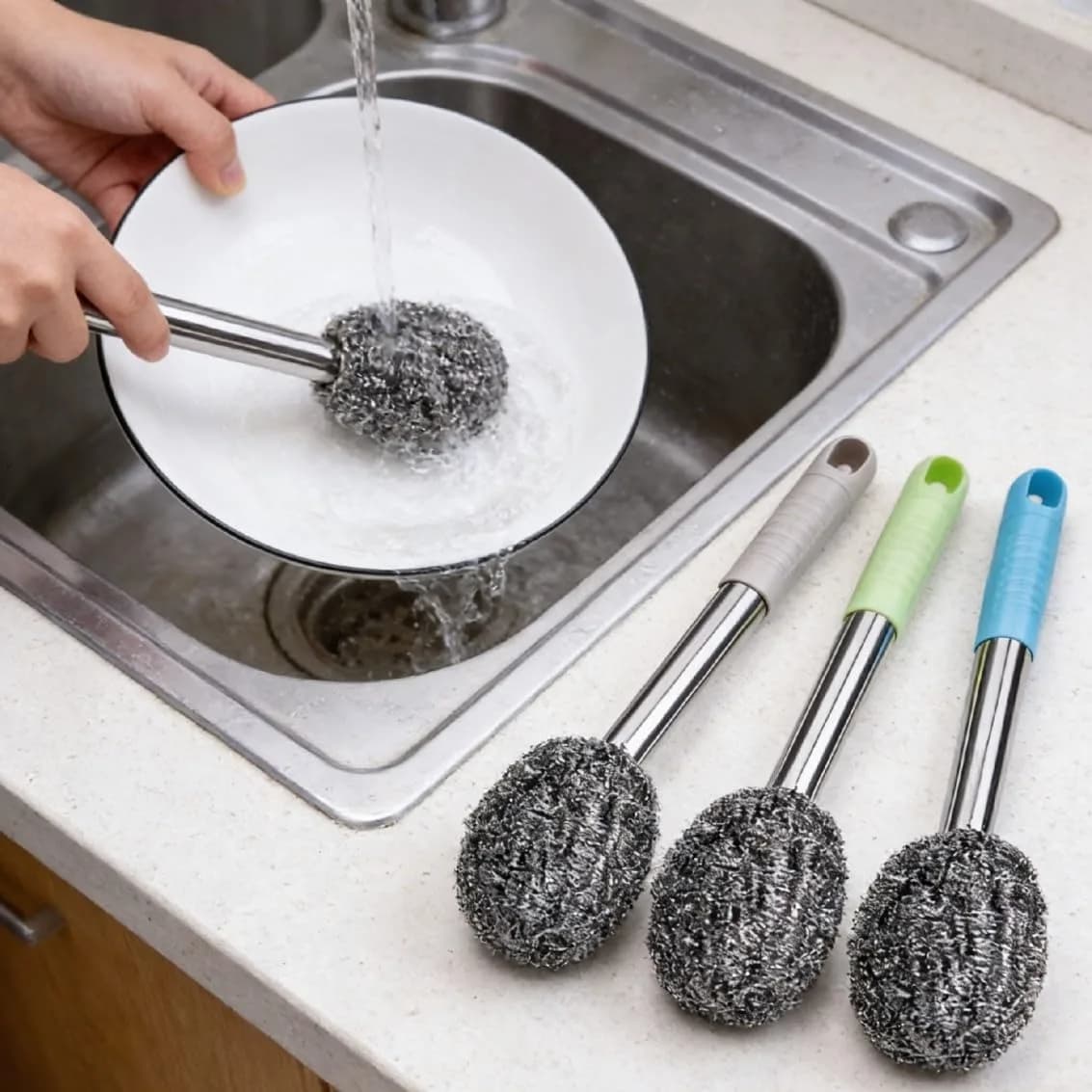 3PCS Steel Wool Scrubber with Handle Rustproof, Cast Iron Scrubber, Stubborn Messes Pot Brush, Remove Dirt for Cleaning Stoves,Sinks Dishes Grills Bowls & Metal Wire Sponge for Kitchens,Bathroom