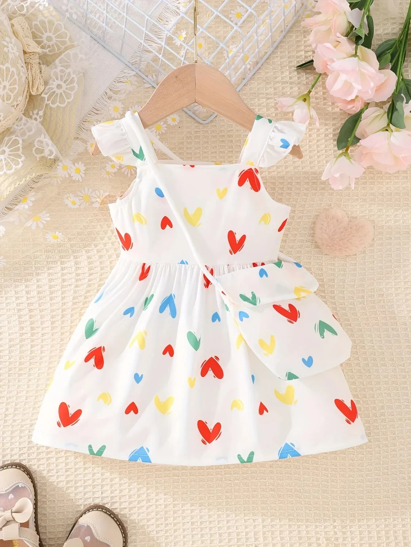 Abito estivo da bambina in 2 pezzi, carino, dolce, fresco, traspirante, modello d'amore + borsa a tracolla, gonna comoda semplice allentata casual