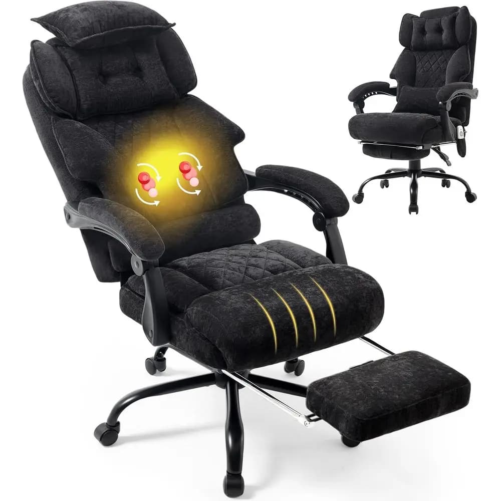 Sedia da Ufficio di Lusso in Tessuto con Poggiapiedi, Massaggio, Riscaldamento e Cuscino Multifunzione per Persone Robuste e Alte, Sedia Ergonomica da Scrivania per Carichi Pesanti