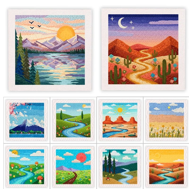 DIY Punch Needle Embroidery Kit with Frame 25x25cm Landscape Pattern for Beginner Cross Stitch Set Hoop Handmade Sewing Art Craf