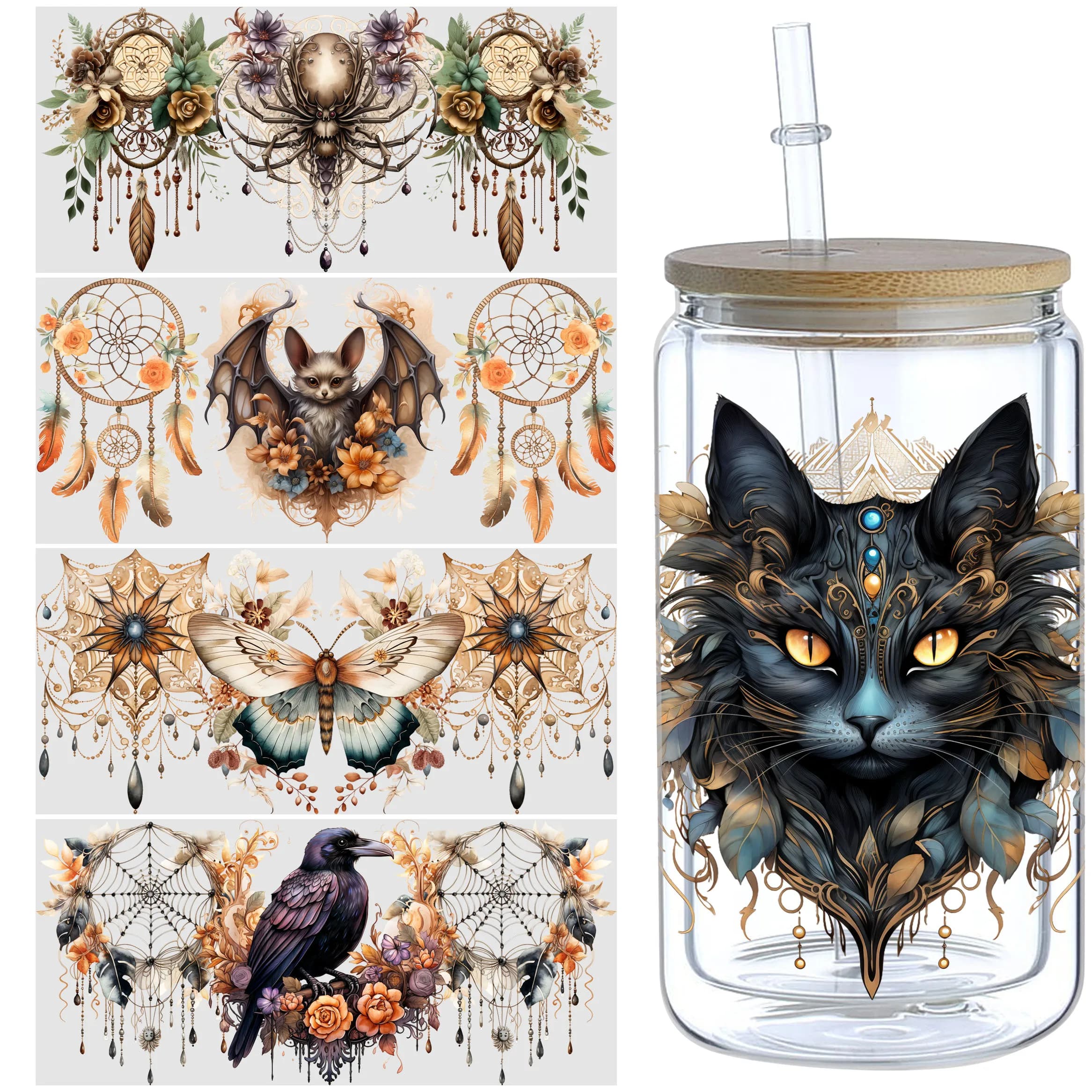 5 Sheets Boho Horror UV DTF Cup Stickers 16 oz, DTF Friction Transfer Stickers, Waterproof Dream Catcher Stickers for DIY