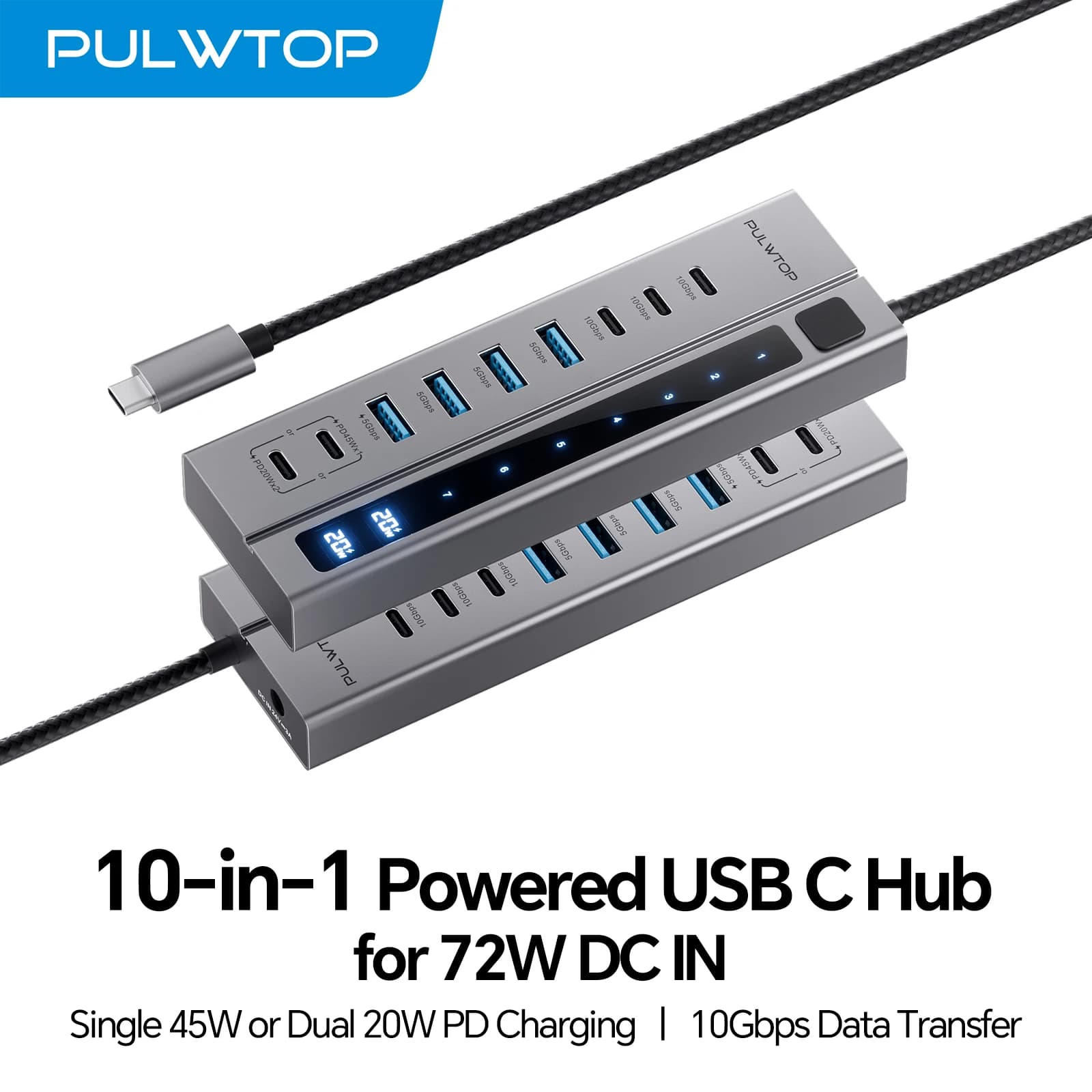 Hub USB-C alimentato PULWTOP 9-in-1 con supporto per 10 Gbps e ricarica PD 45W massima, con 3 porte USB-C e 4 porte USB-A per MacBook, laptop e altro ancora.