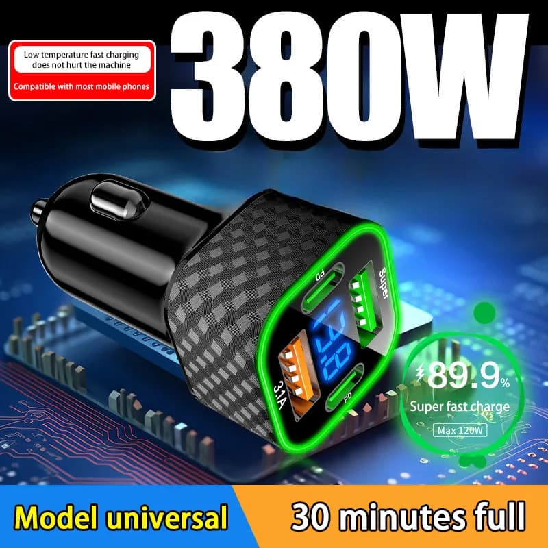 380W/250W FAST Car Phone Charger Dual PD 4-in-1 interface Adapter with QC3.1 Voltage Display Various styles for All Cars