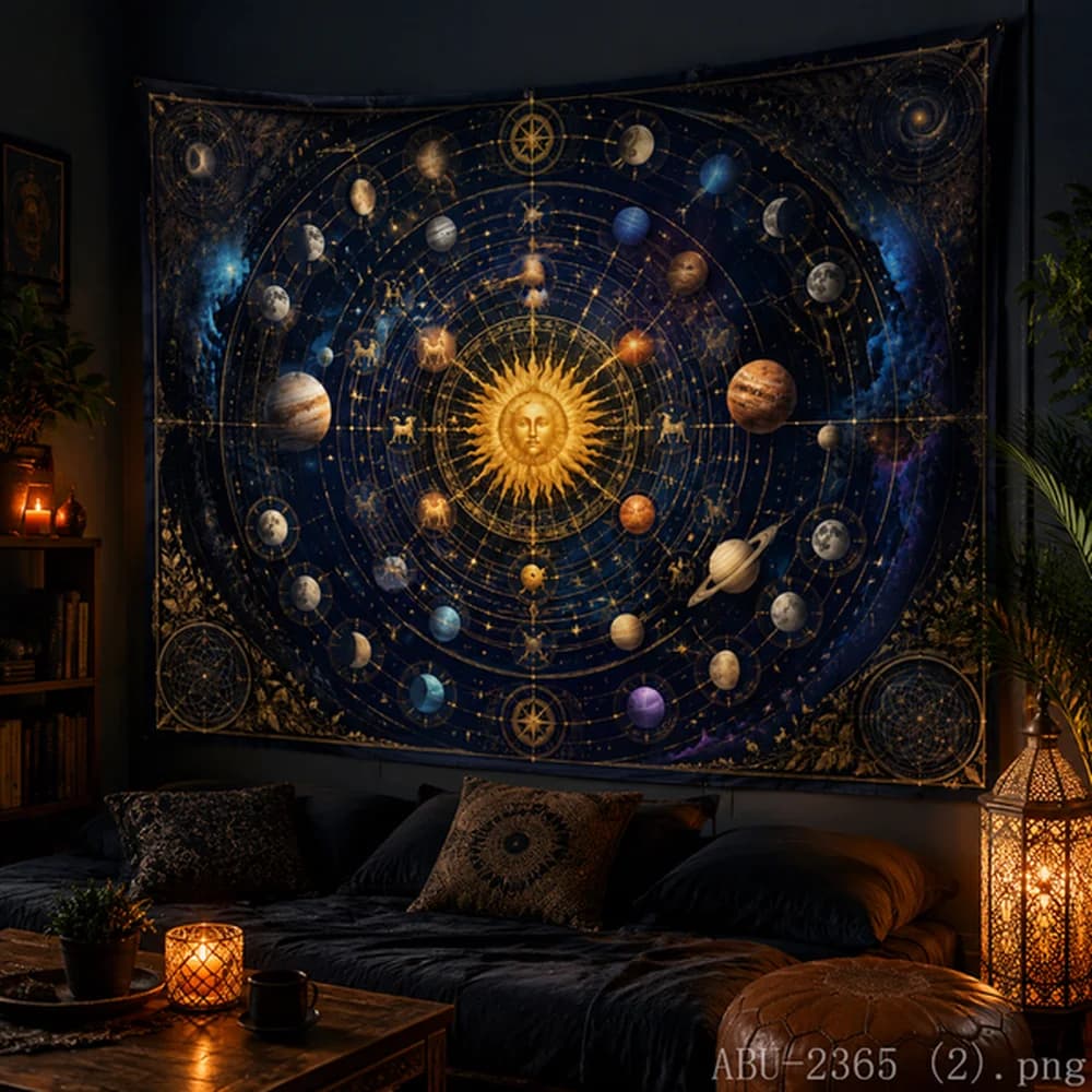 VIKAMA Enchanted Night Cat Tapestry Crescent Moon Stars Wall Hanging Unique Living Room Art
