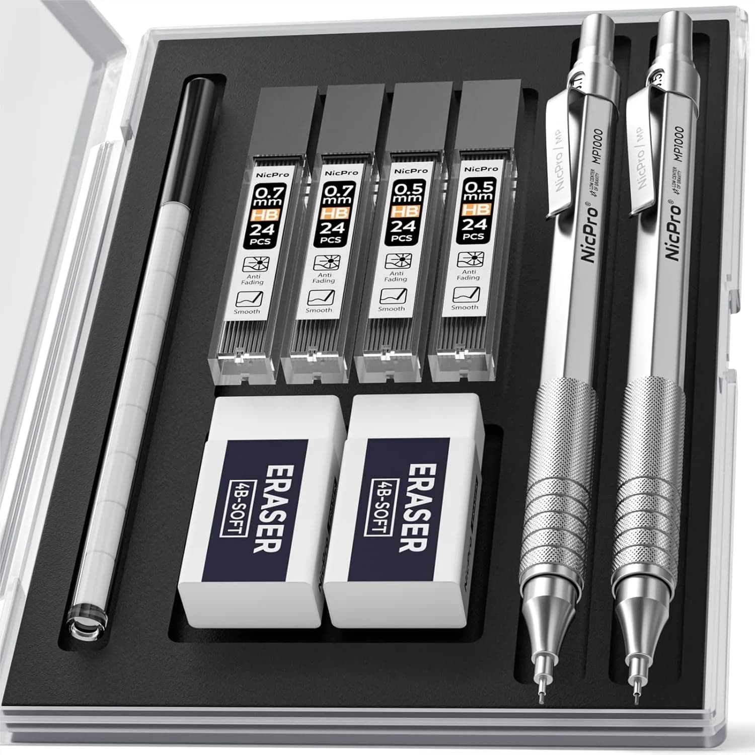 Metal Mechanical Pencil Set 0.5mm & 0.7mm with Case, 4 Tubes HB Lead Refills, 2 Erasers, 9 Eraser Refills for Art Writing
