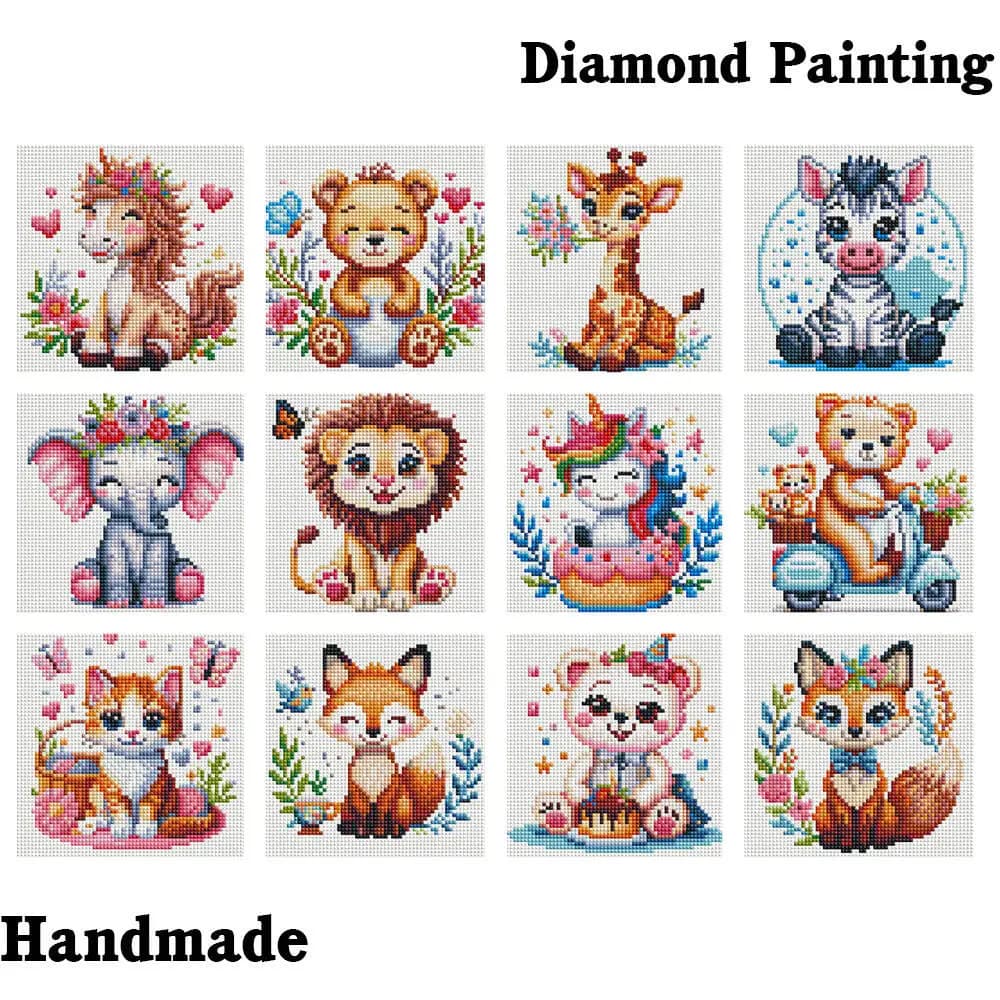 Set of 12 Mini Diamond Paintings with Animals, Fa-da-Te Diamond Painting Rhinestones, Diamond Embroidery with Cartoon Cats, Home Hand Decoration, Frameless