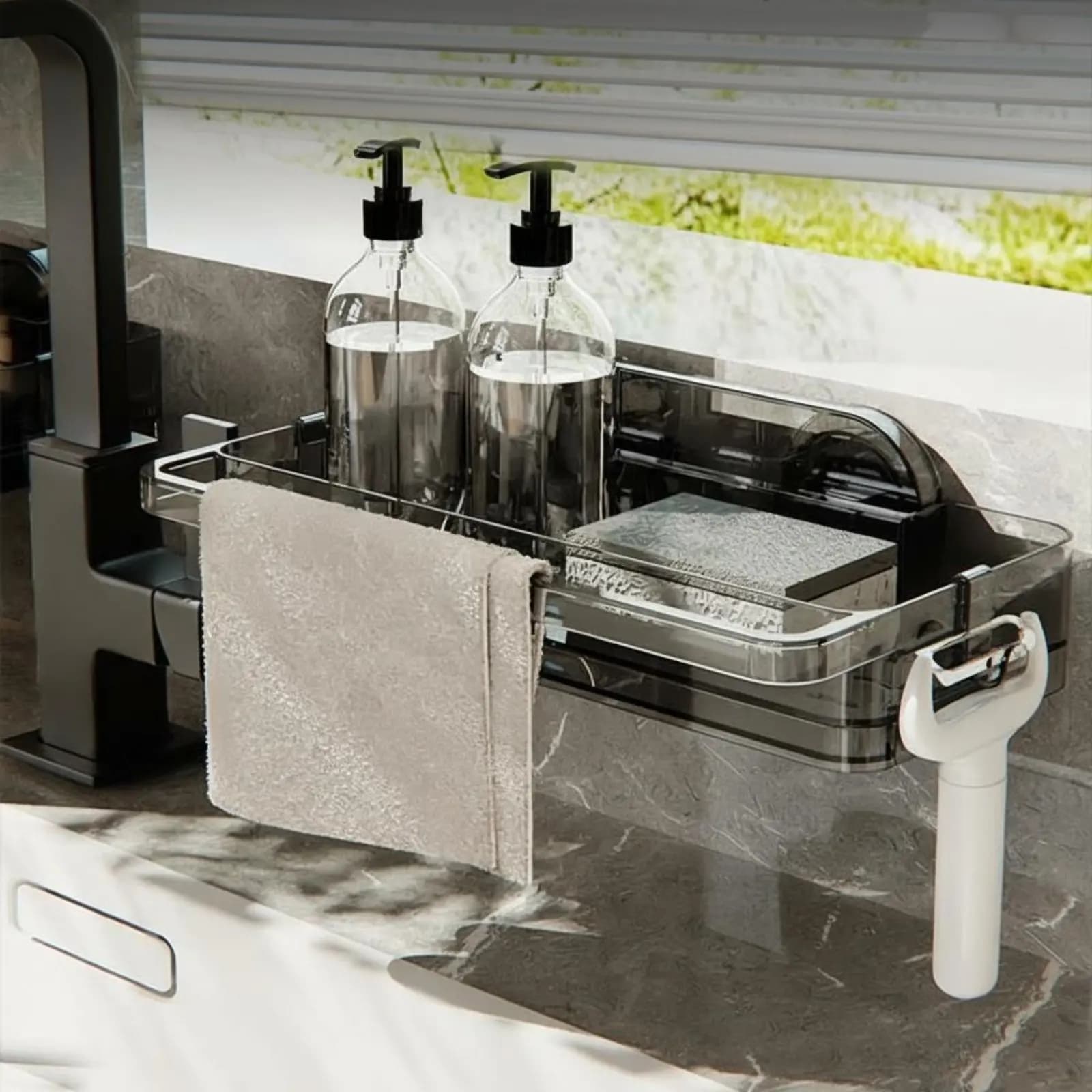 Shelf organizer for suction sink, draining shelf, without drill