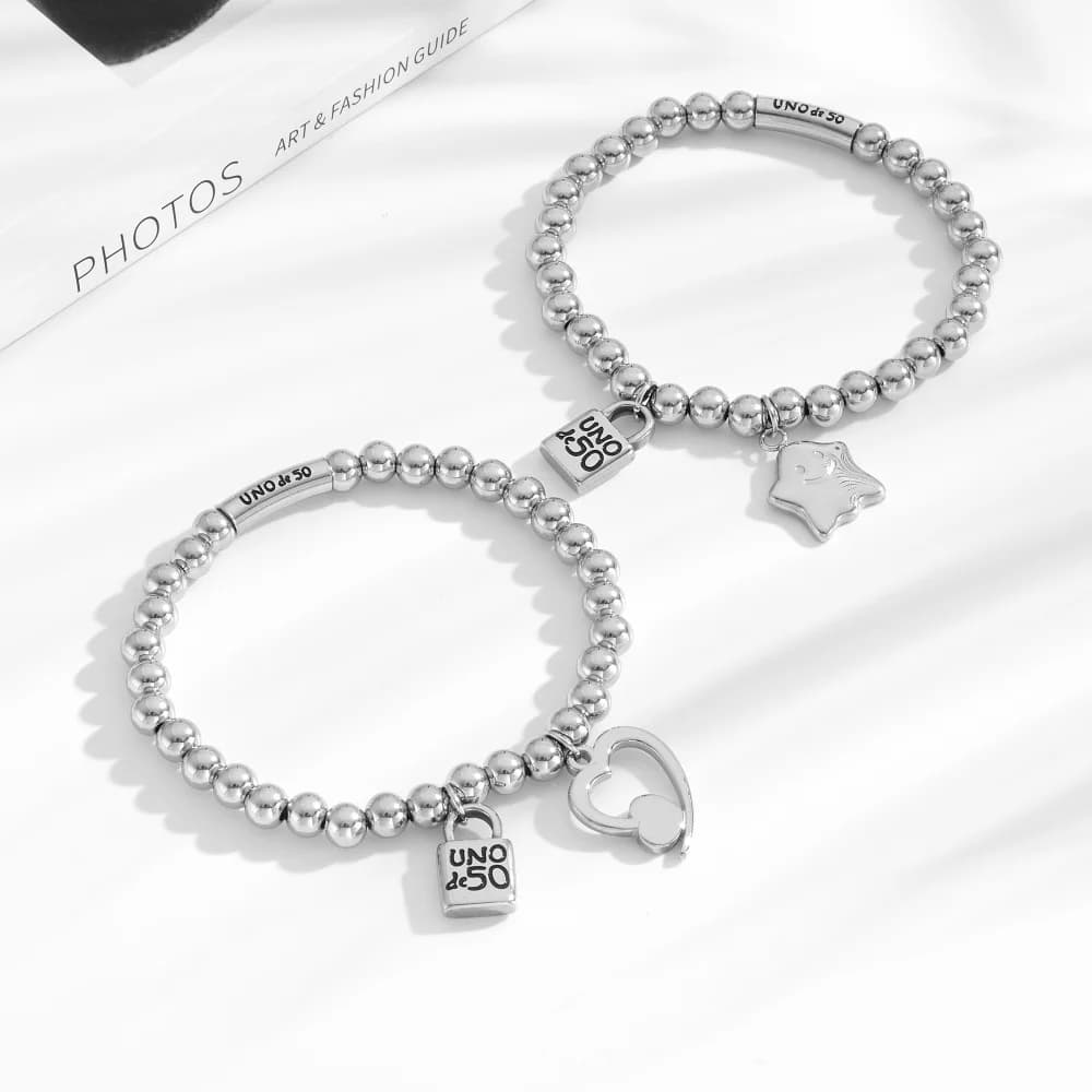 Set di Accessori Premium da Donna UNOde50 con Ciondoli a Stella, Cuore e Lucchetto, Catena a Sfera con Finitura Lucida per Uso Quotidiano