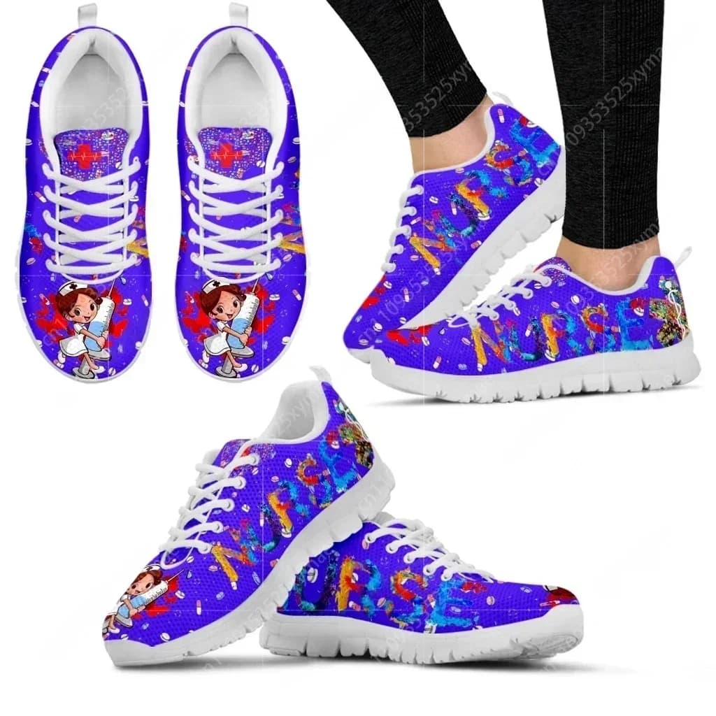 Custom Made Cute Hospital Cartoon Nurse Pattern Sneakers Shoes For Women Breathable Lace Up Flat Shoes Comfort Zapatillas