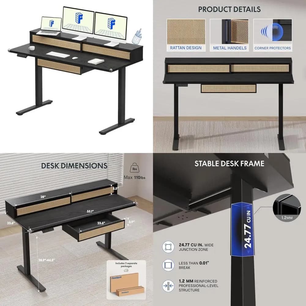 Scrivania Elettrica Regolabile in Altezza con Piano in Rattan, 55 x 24, Scrivania Ergonomica per Computer con Ripiano per Monitor e Impostazioni Memorizzabili