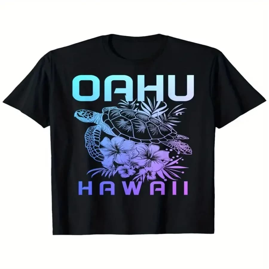 T-Shirt Commemorativa Surfista di Oahu Hawaii 100% 180gsm - Stampa Vibrante con Tartaruga Hawaiana e Motivi Floreali Tropicali, Unisex Casual