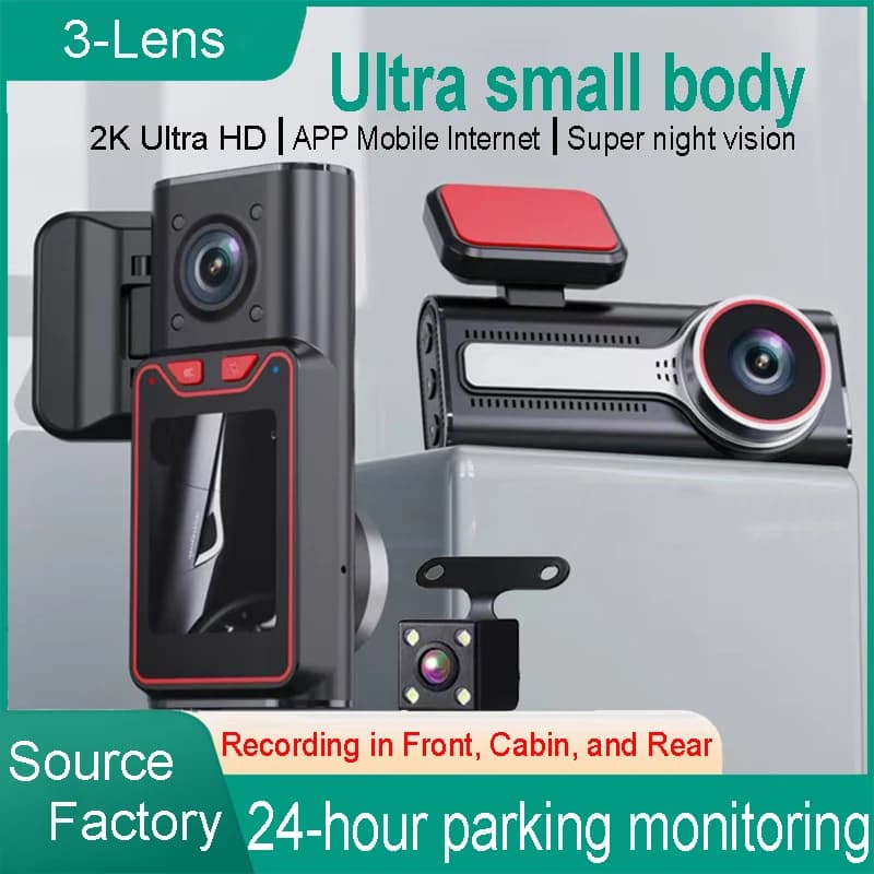 Dash Cam with 3 channels 4K Ultra HD Three-registered driver Hidden 3 lenses 3 cameras Reverse image Night vision WIFI