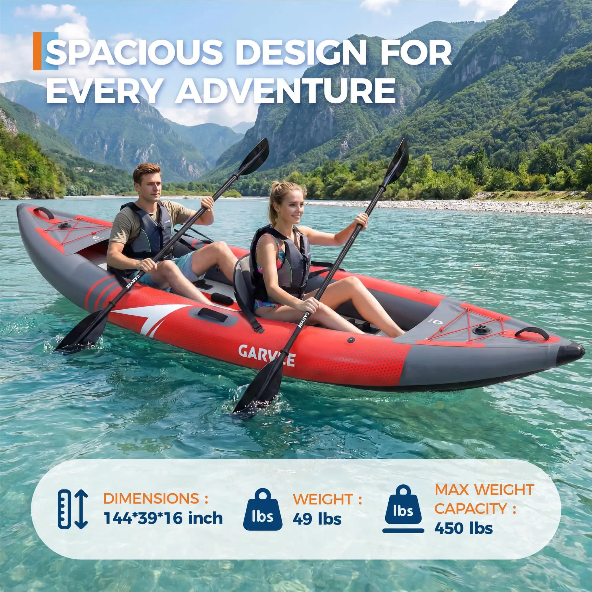Kayak Gonfiabile da Pesca e Touring per 2 Persone, 3,8 m, Canoa Portatile in PVC Resistente con Sedili, Pagaie e Pompa