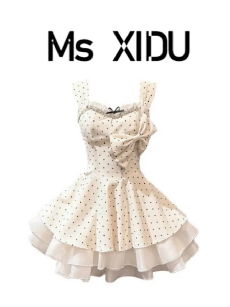 Sweet Miu Style Polka Dot Belted Halter Dress Summer A-Line Skirt Breathable Skin-Friendly Polyester No-Sleeve Zipper Closure