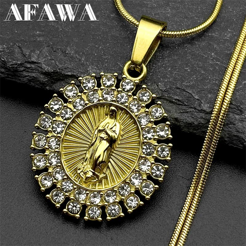 Luxury Rhinestones Virgin Mary Necklace for Women Men Stainless Steel Gold Color Catholic Guadalupe Chain Necklace Jewelry Gift