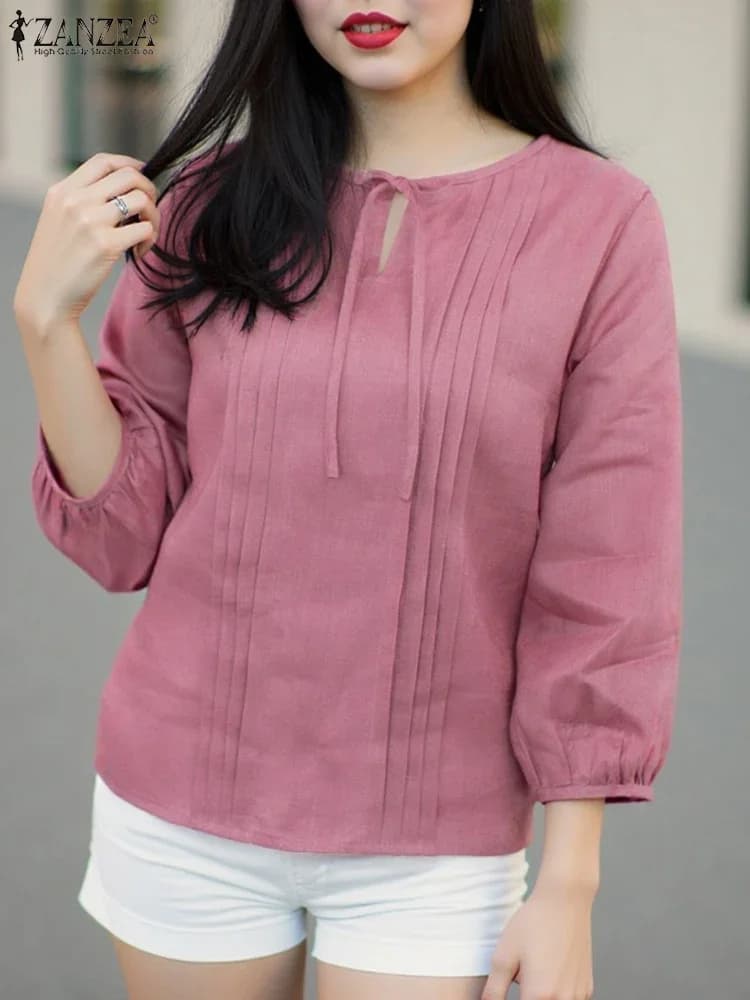 Plus Size 5XL ZANZEA Summer women's blouse With laces Fashion collar Top 2025 Casual Trained Solid color Smooth sleeve Tunic shirts
