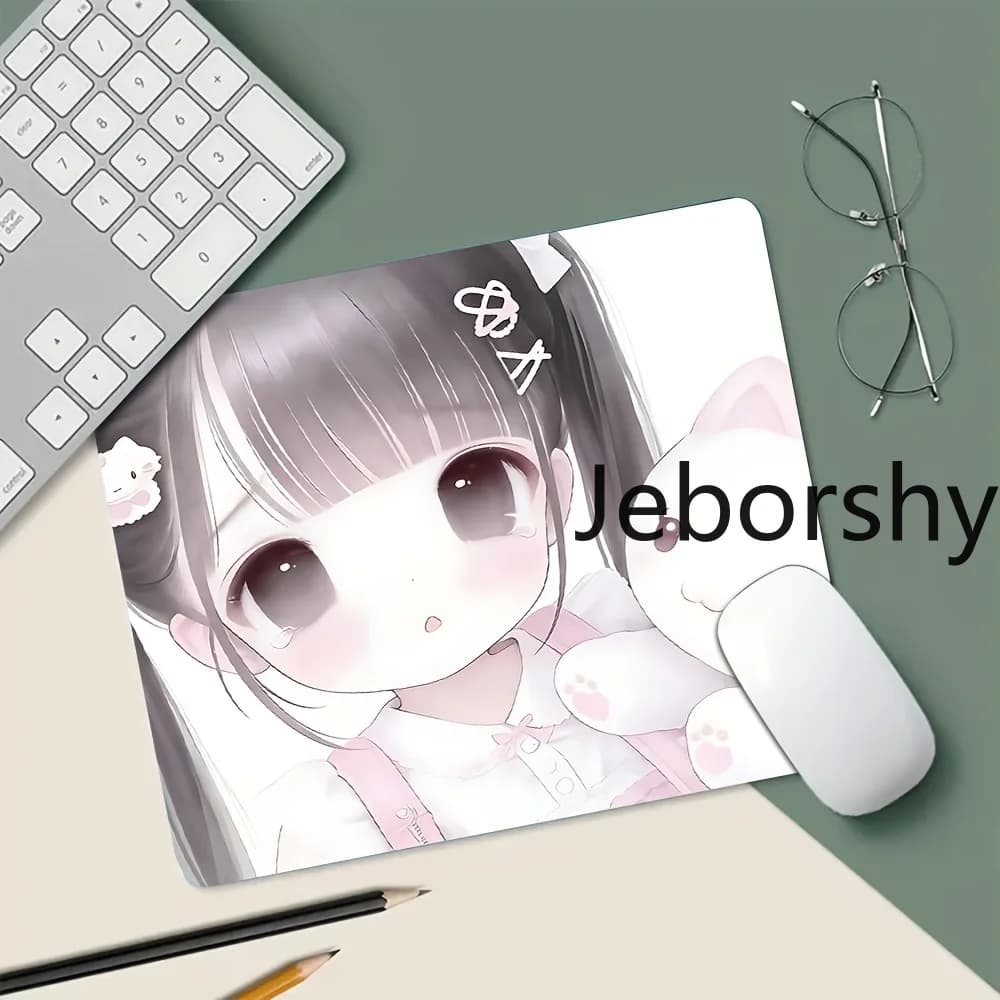 Cute Anime Girl with White Bunny Plush Gaming Mouse Pad Non-slip Desk Mat Perfect Gift for Fans