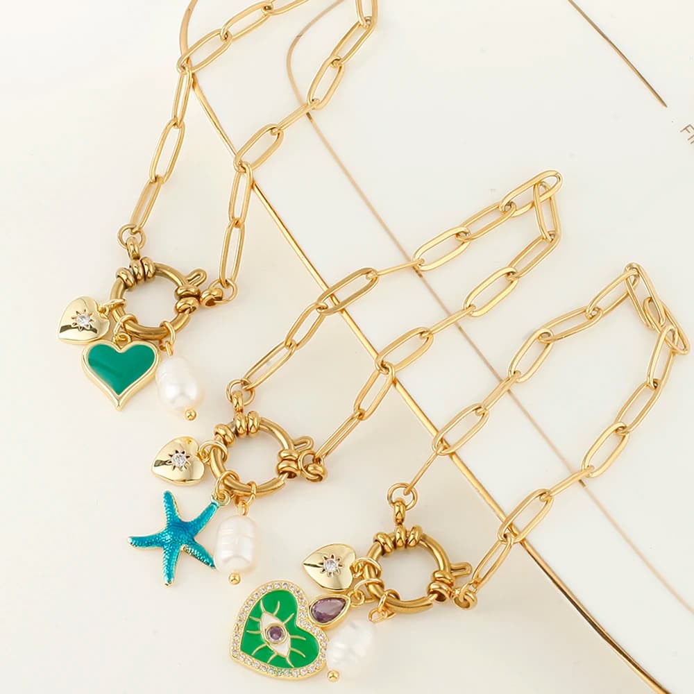 Gold Color Women's Bracelets With Green Sea Life Charms - Elegant Ocean Inspired Jewelry For Daily Wear And Beach Vacations