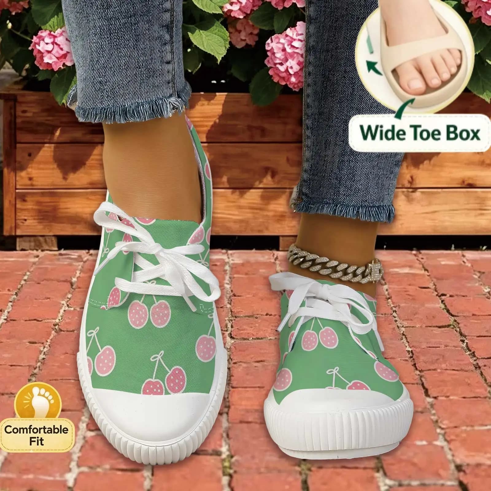 Women Cherry Print Wide Toe Flat Shoes Light Breathable Comfort Sneakers For Daily Walking Vacation