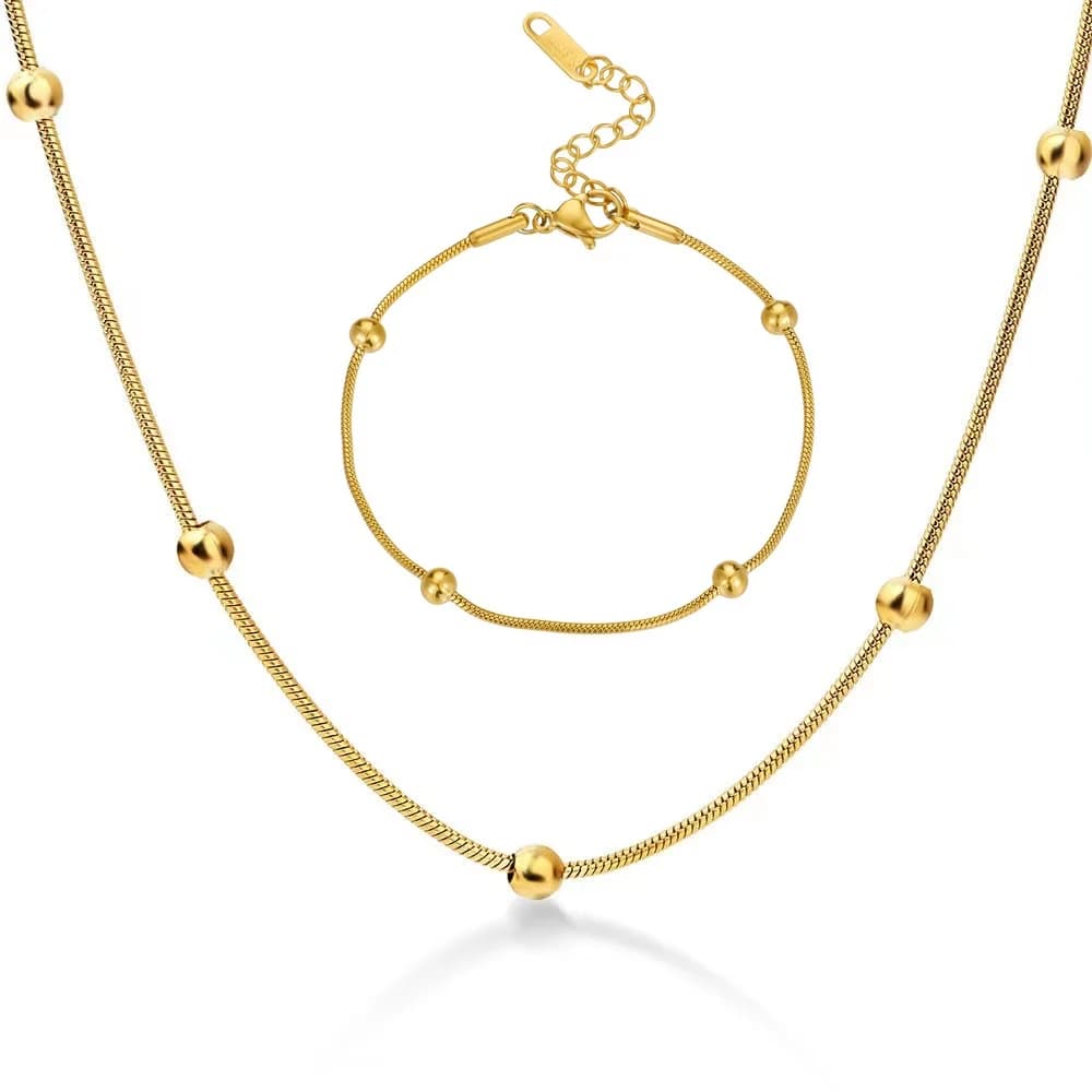 New Gold bead Snake Bone Chain Necklace Bracelet Set for Women Stainless Steel Gold Plated Color Charm Personality Accessories