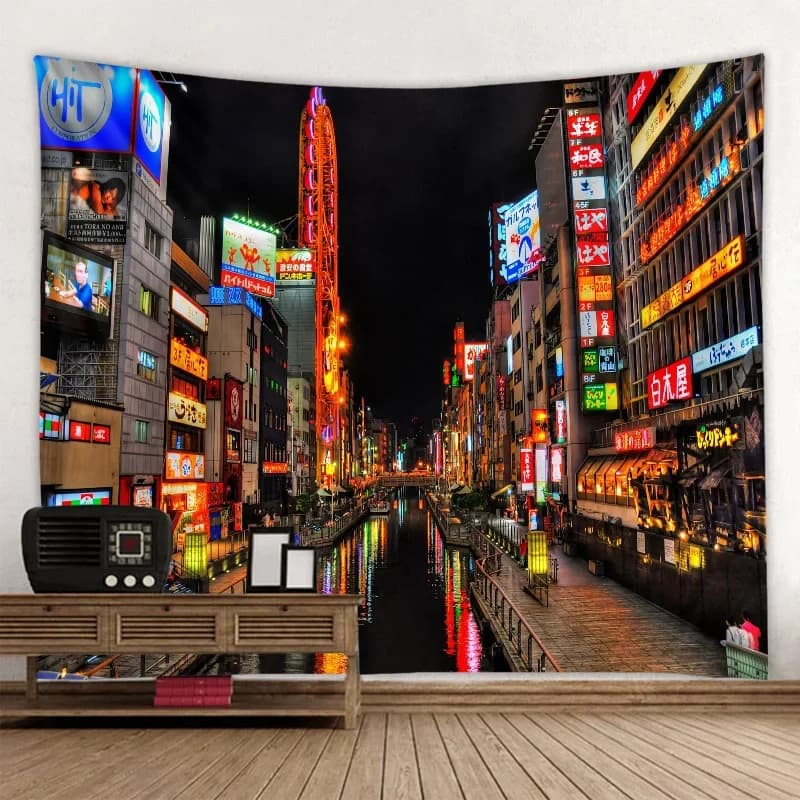 Tokyo Night Tapestry City Nightlife Japanese Style Wall Hanging Bedroom Home Decoration Bohemian Hippie Printed Bed Sheet